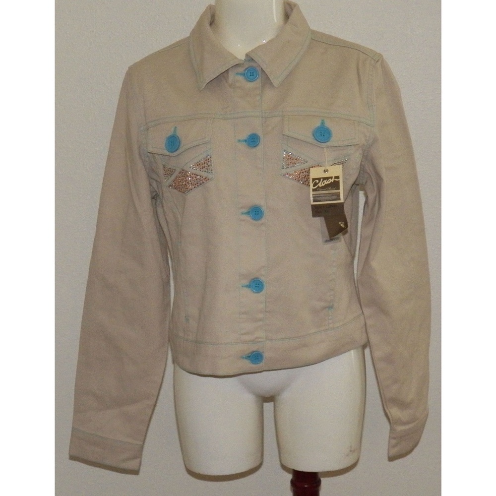 NWT Clash Tan Denim Jean Jacket Juniors XL Blue Buttons Embellished RUNS SMALL
